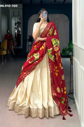 Beige Silk Blend Plain Traditional Floral Printed Lehenga Choli Set
