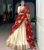Beige Silk Blend Plain Traditional Floral Printed Lehenga Choli Set