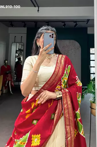 Beige Silk Blend Plain Traditional Floral Printed Lehenga Choli Set