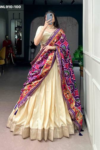 Beige Silk Blend Plain Traditional Wedding Lehenga Choli Set