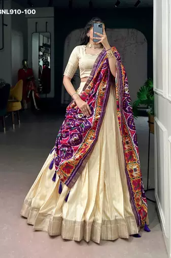 Beige Silk Blend Plain Traditional Wedding Lehenga Choli Set