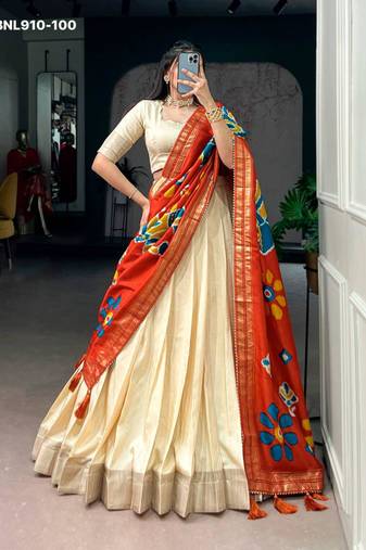Beige Silk Blend Plain Festive Party Wear Lehenga Choli Set