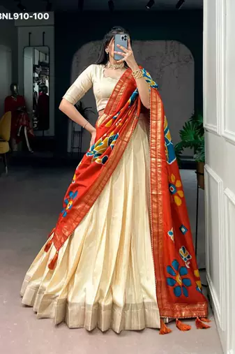 Beige Silk Blend Plain Festive Party Wear Lehenga Choli Set