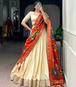 Beige Silk Blend Plain Festive Party Wear Lehenga Choli Set