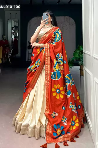 Beige Silk Blend Plain Festive Party Wear Lehenga Choli Set