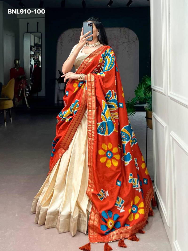 Beige Silk Blend Plain Festive Party Wear Lehenga Choli Set