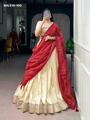 Beige Silk Blend Plain Traditional Bandhani Lehenga Choli Set 1