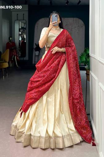 Beige Silk Blend Plain Traditional Bandhani Lehenga Choli Set