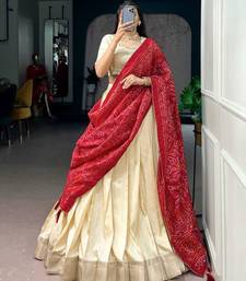 Beige Silk Blend Plain Traditional Bandhani Lehenga Choli Set