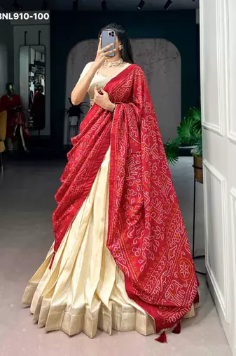 Beige Silk Blend Plain Traditional Bandhani Lehenga Choli Set