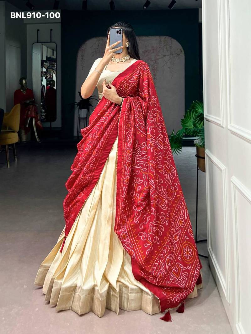 Beige Silk Blend Plain Traditional Bandhani Lehenga Choli Set