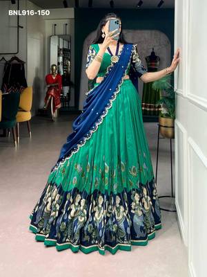 Sea Green Silk Blend Printed Kalamkari Sangeet Lehenga Choli Set 1