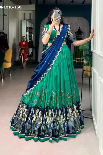 Sea Green Silk Blend Printed Kalamkari Sangeet Lehenga Choli Set