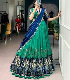 Sea Green Silk Blend Printed Kalamkari Sangeet Lehenga Choli Set