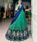 Sea Green Silk Blend Printed Kalamkari Sangeet Lehenga Choli Set