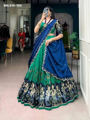 Sea Green Silk Blend Printed Kalamkari Sangeet Lehenga Choli Set 2