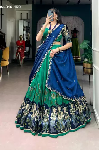 Sea Green Silk Blend Printed Kalamkari Sangeet Lehenga Choli Set