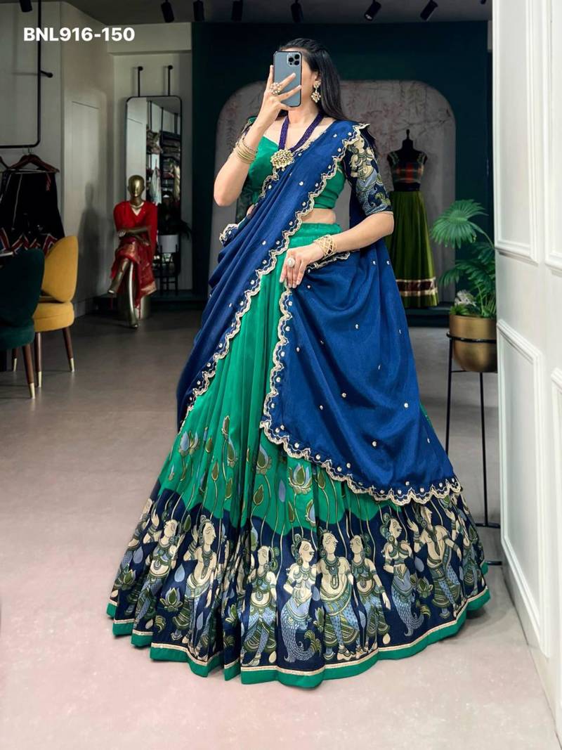 Sea Green Silk Blend Printed Kalamkari Sangeet Lehenga Choli Set