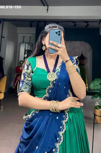 Sea Green Silk Blend Printed Kalamkari Sangeet Lehenga Choli Set