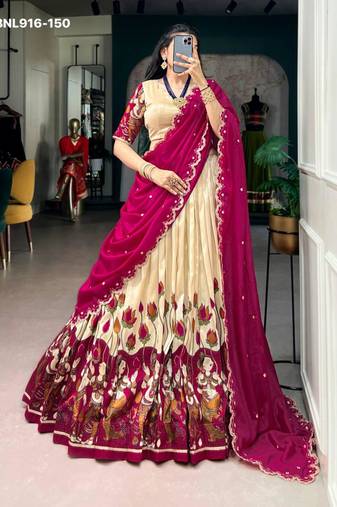 Beige Silk Blend Printed Kalamkari Festive Lehenga Choli Set