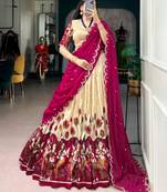Beige Silk Blend Printed Kalamkari Festive Lehenga Choli Set