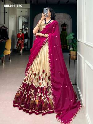 Beige Silk Blend Printed Kalamkari Festive Lehenga Choli Set 2