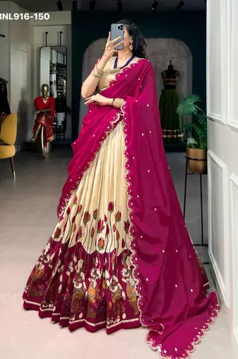 Beige Silk Blend Printed Kalamkari Festive Lehenga Choli Set