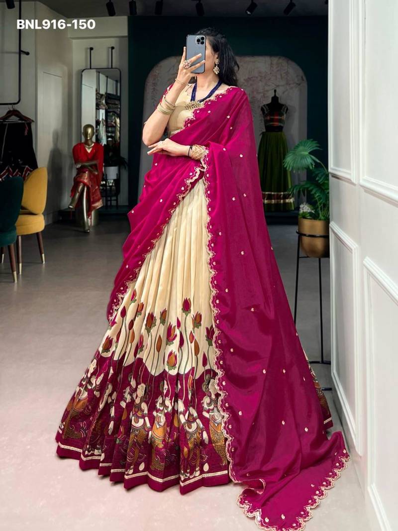 Beige Silk Blend Printed Kalamkari Festive Lehenga Choli Set