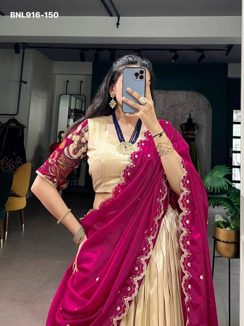 Beige Silk Blend Printed Kalamkari Festive Lehenga Choli Set