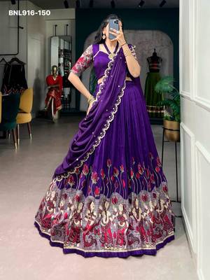 Dark Purple Silk Blend Printed Kalamkari Party Wear Lehenga Choli Set 1