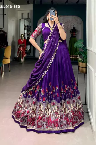 Dark Purple Silk Blend Printed Kalamkari Party Wear Lehenga Choli Set