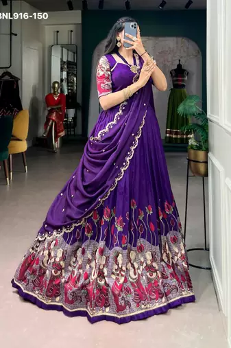 Dark Purple Silk Blend Printed Kalamkari Party Wear Lehenga Choli Set