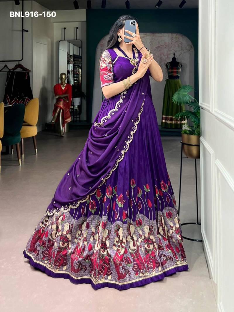 Dark Purple Silk Blend Printed Kalamkari Party Wear Lehenga Choli Set