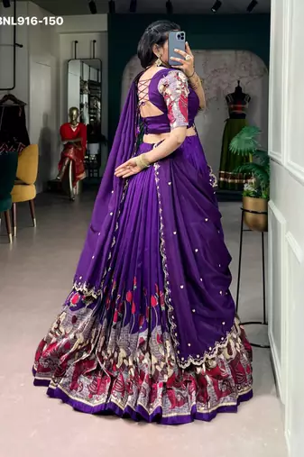 Dark Purple Silk Blend Printed Kalamkari Party Wear Lehenga Choli Set