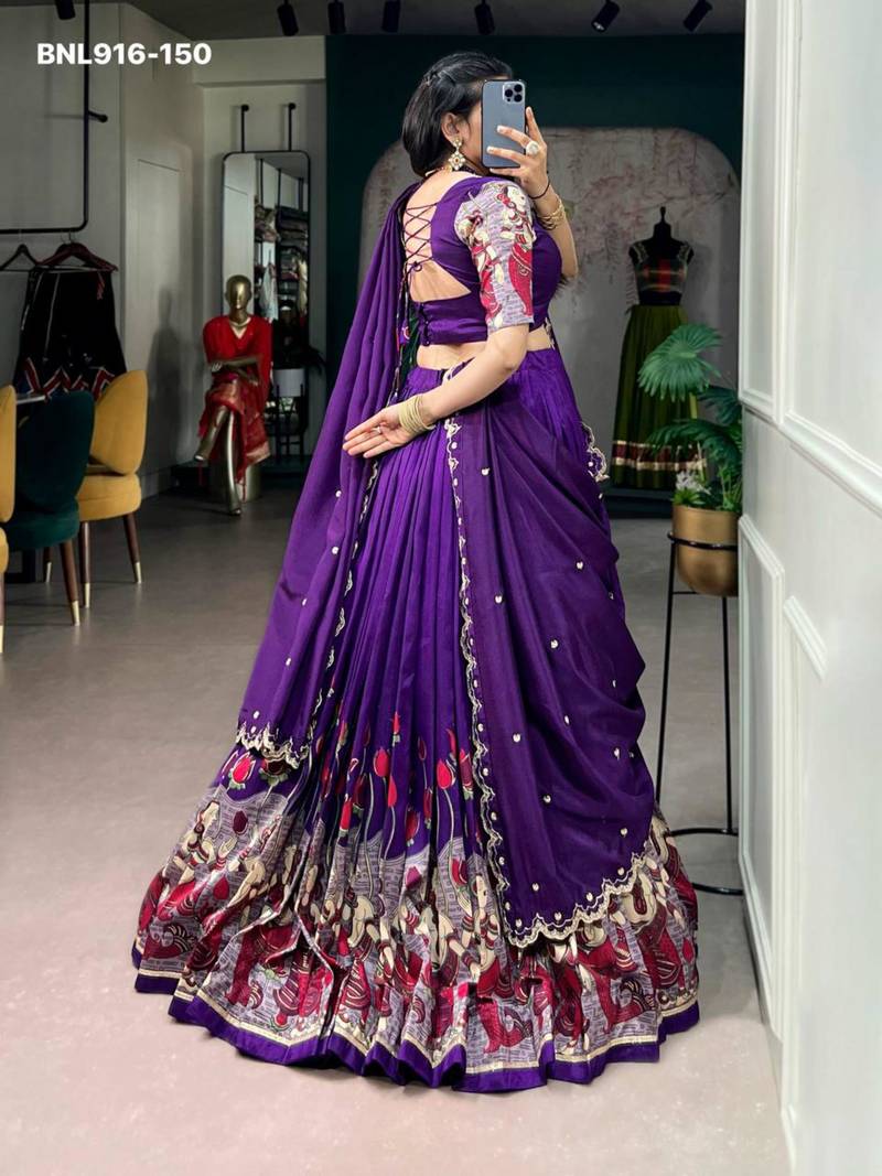 Dark Purple Silk Blend Printed Kalamkari Party Wear Lehenga Choli Set