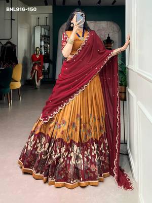 Mustard Silk Blend Printed Kalamkari Traditional Lehenga Choli Set 1