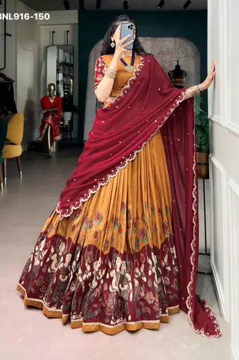 Mustard Silk Blend Printed Kalamkari Traditional Lehenga Choli Set