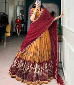 Mustard Silk Blend Printed Kalamkari Traditional Lehenga Choli Set