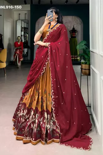 Mustard Silk Blend Printed Kalamkari Traditional Lehenga Choli Set