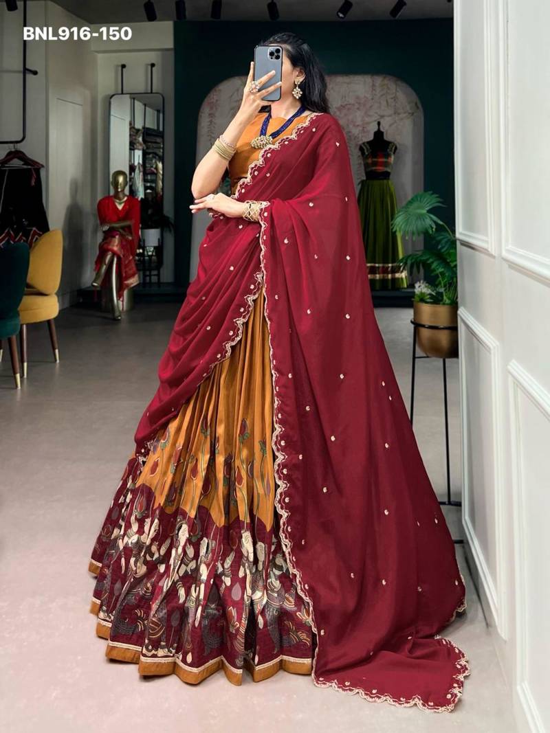 Mustard Silk Blend Printed Kalamkari Traditional Lehenga Choli Set