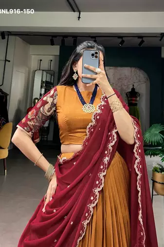 Mustard Silk Blend Printed Kalamkari Traditional Lehenga Choli Set