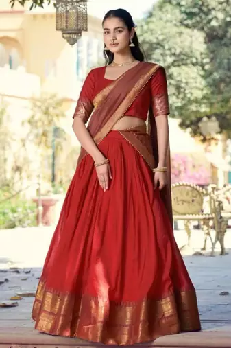 Orange Cotton Poly Plain Traditional Festive Lehenga Choli Set