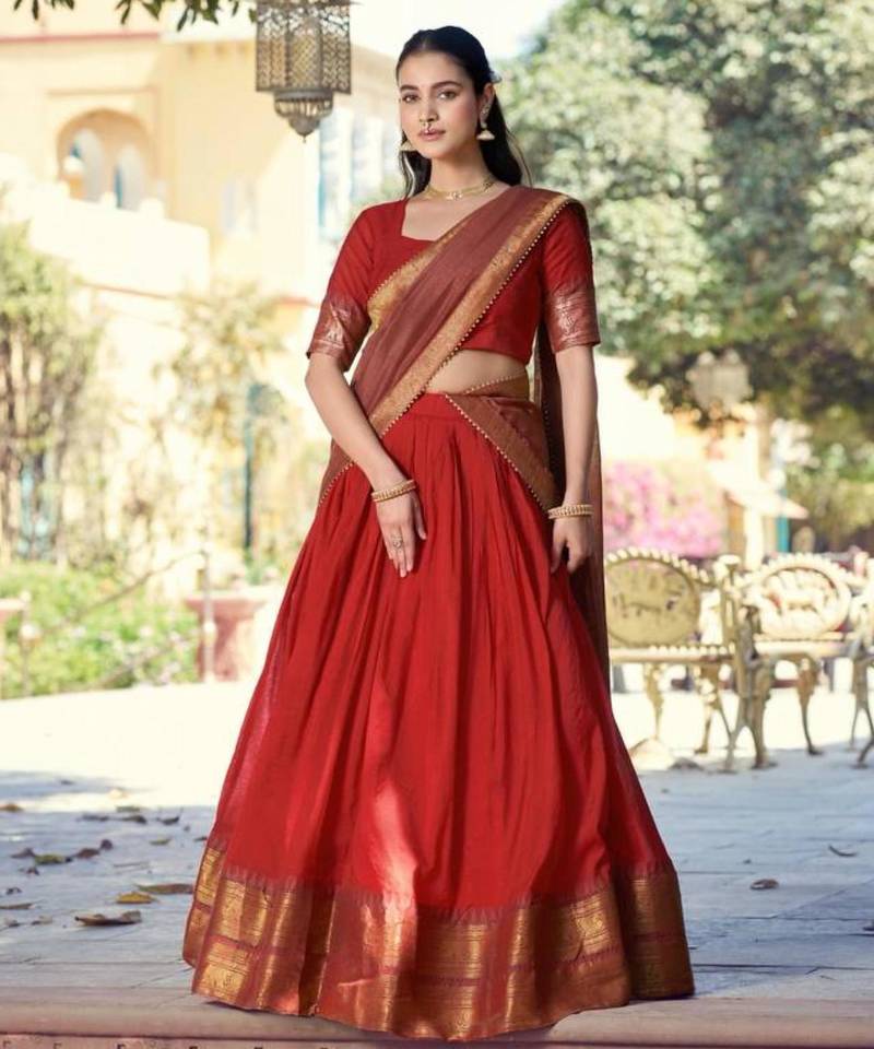 Orange Cotton Poly Plain Traditional Festive Lehenga Choli Set