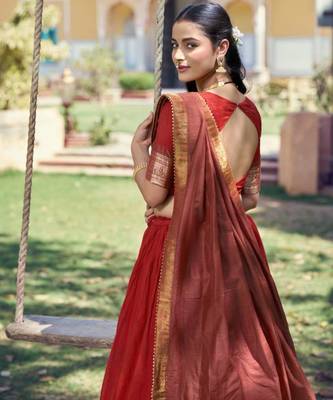 Orange Cotton Poly Plain Traditional Festive Lehenga Choli Set 2