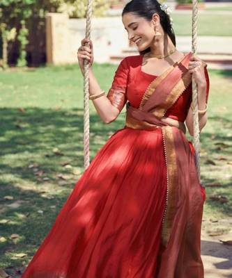 Orange Cotton Poly Plain Traditional Festive Lehenga Choli Set 3
