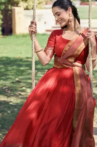 Orange Cotton Poly Plain Traditional Festive Lehenga Choli Set