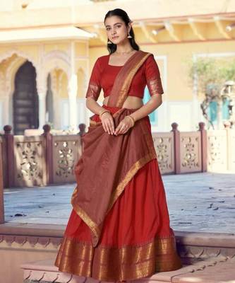 Orange Cotton Poly Plain Traditional Festive Lehenga Choli Set 4