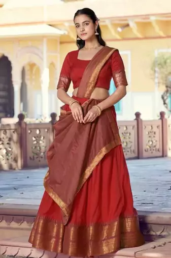 Orange Cotton Poly Plain Traditional Festive Lehenga Choli Set