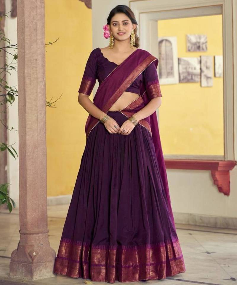 Purple Cotton Poly Plain Traditional Sangeet Lehenga Choli Set