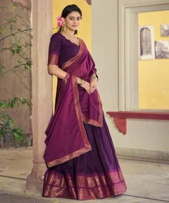 Purple Cotton Poly Plain Traditional Sangeet Lehenga Choli Set 2